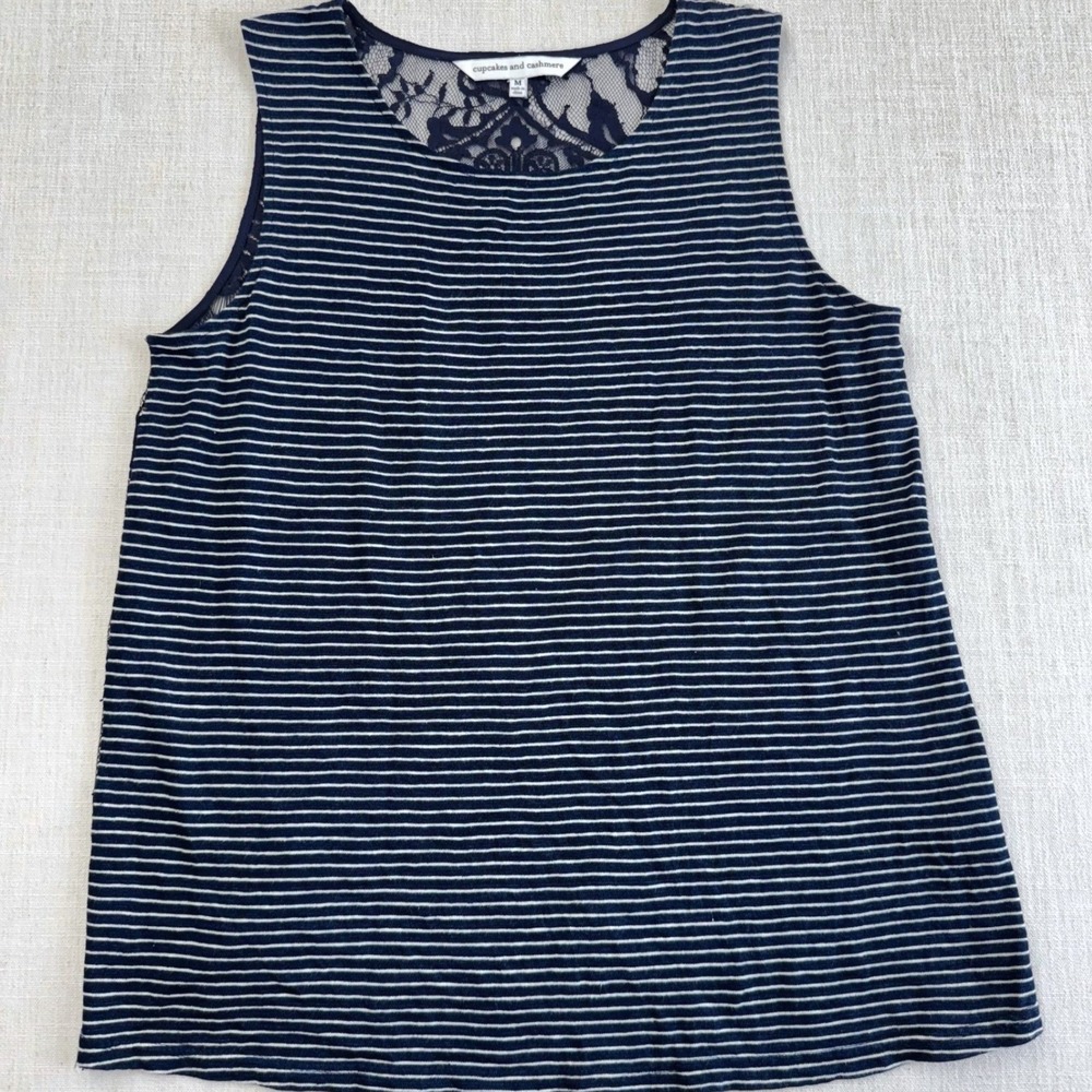 Cupcakes and Cashmere Navy White Striped Lace Back Tank Top Womens Size Medium - Picture 6 of 16